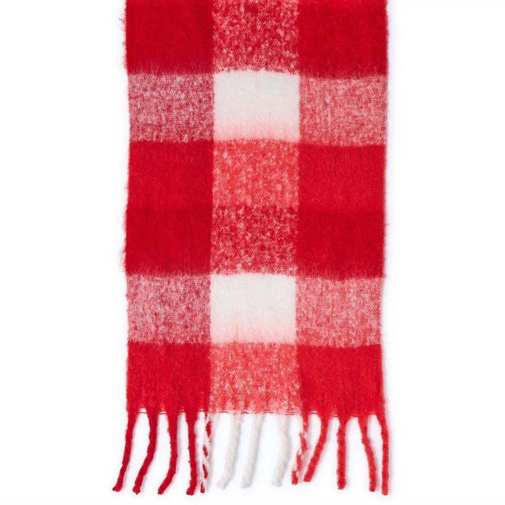 Close up of a red and white checkered scarf with fringes on a white background