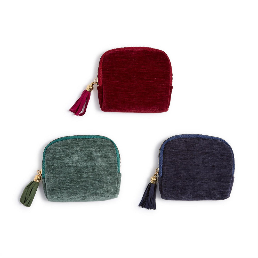 Three small zip-up pouches in red, green, and blue with tassels on a white background.