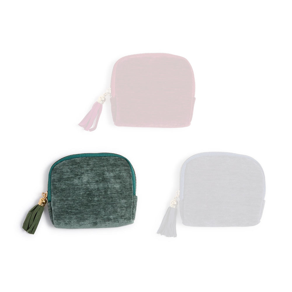 Green velvet small zip-up pouche with tassel on a white background.
