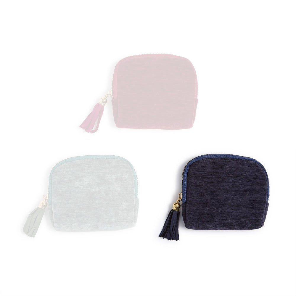 Navy velvet small zip-up pouche with tassel on a white background.