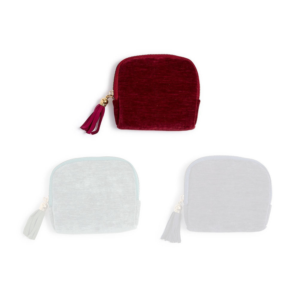 Red velvet small zip-up pouche with tassel on a white background.