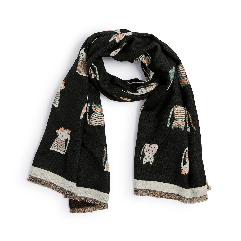 Black scarf with a cat print on a white backround.