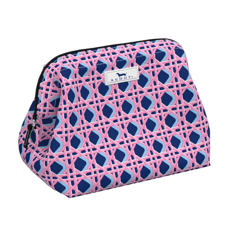 Cosmetic bag with pink and blue geometric pattern on a white background