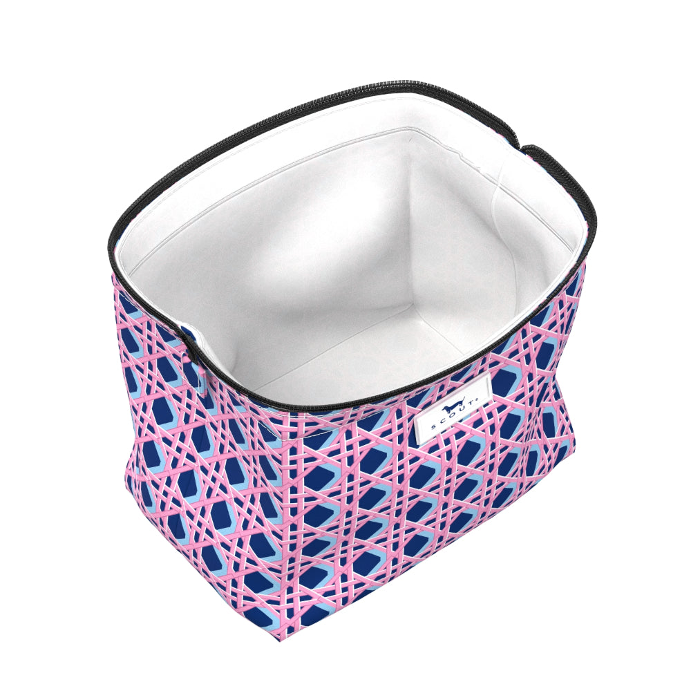 makeup bag with pink and blue geometric pattern on a white background