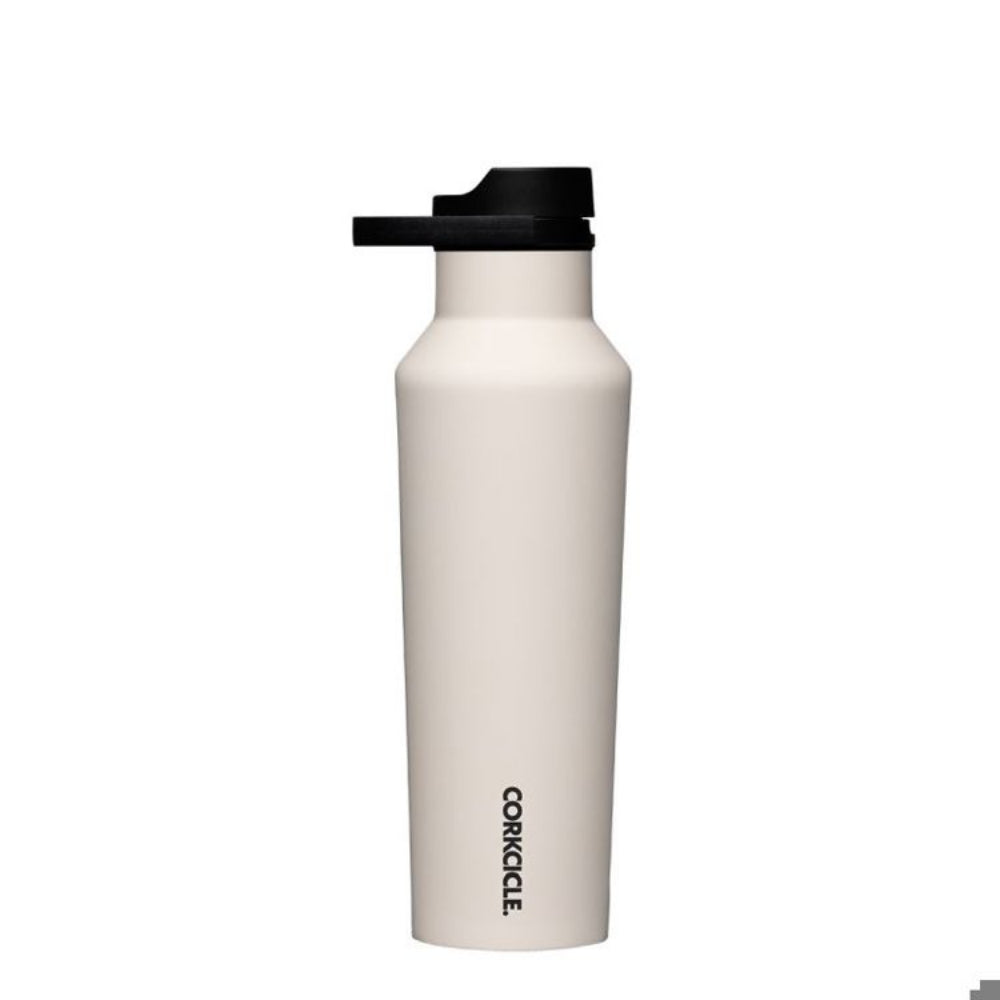 White 20oz Corkcicle water bottle with black lid on a white background.