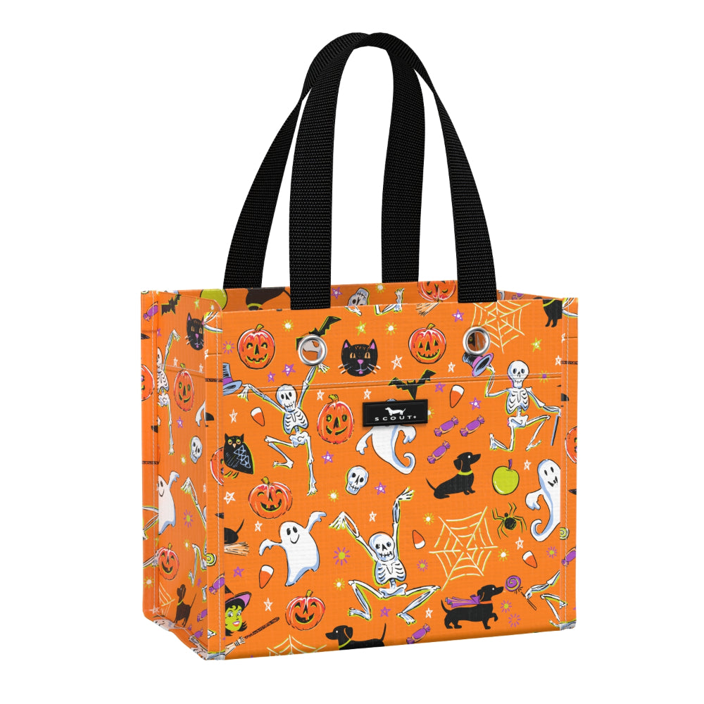 Halloween-themed GIFT bag with various characters on an orange background