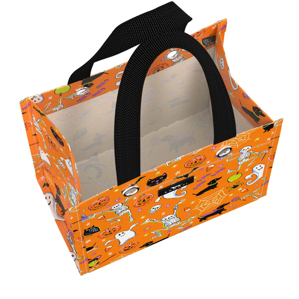 Halloween-themed gift bag with orange background and black handle on a white background