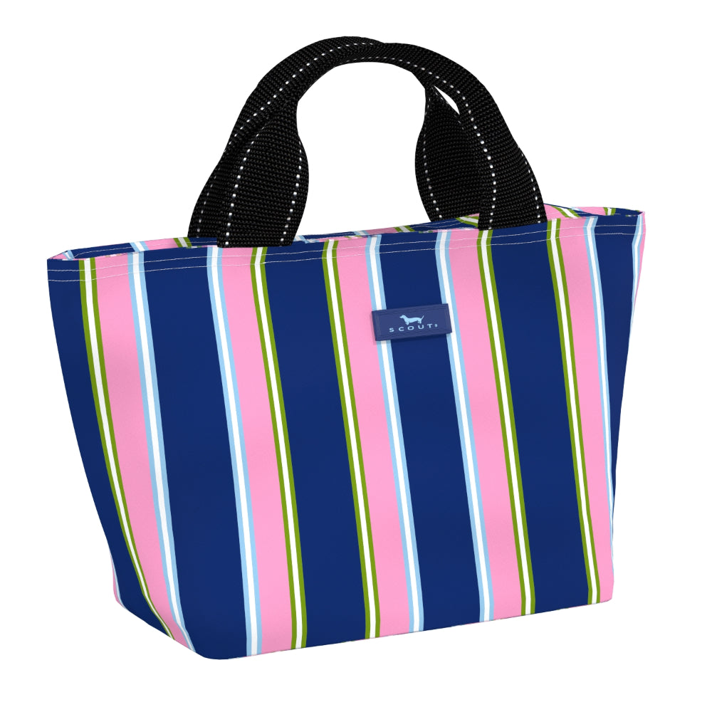 Striped LUNCH bag with a visible brand label on a white background