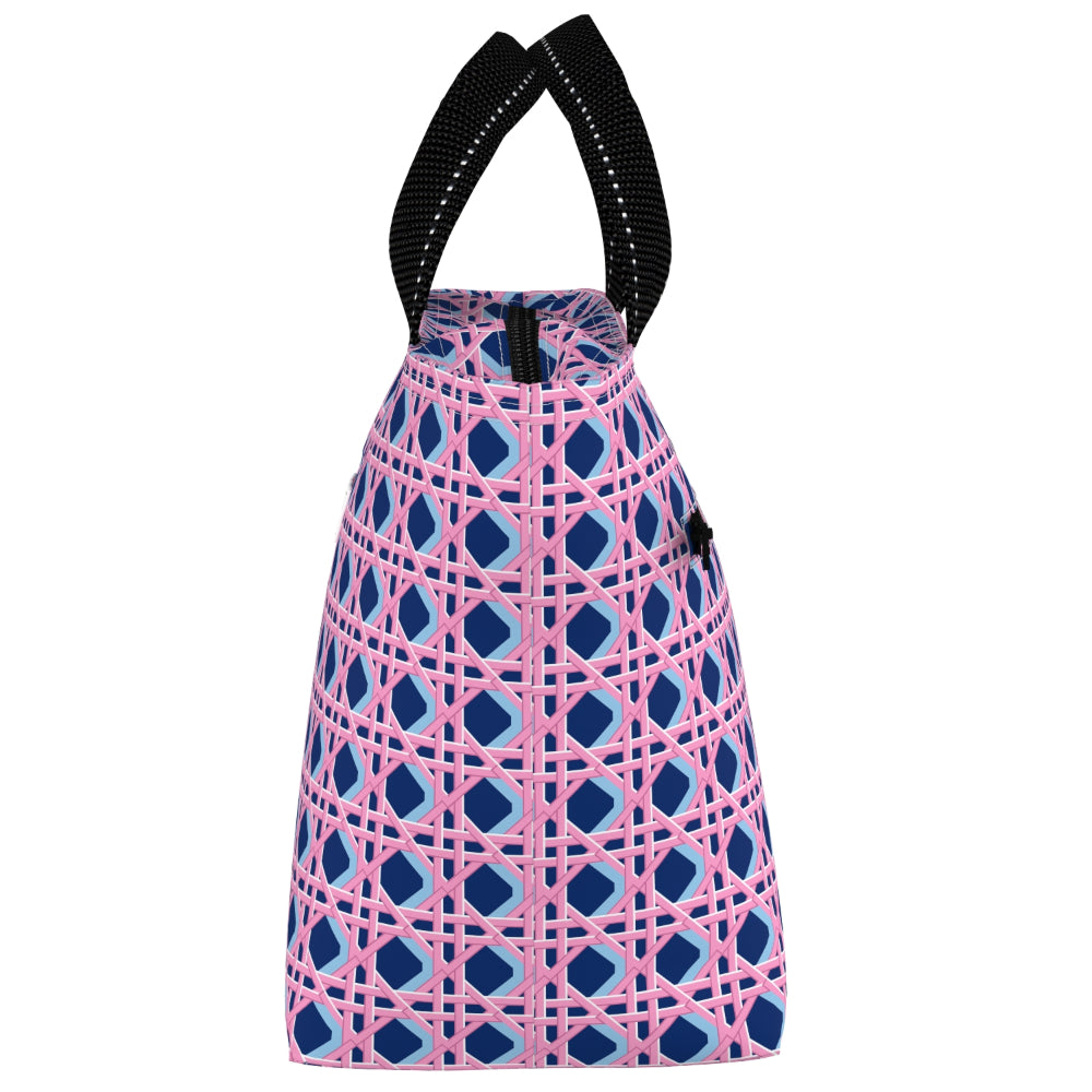Pink and blue patterned lunch bag