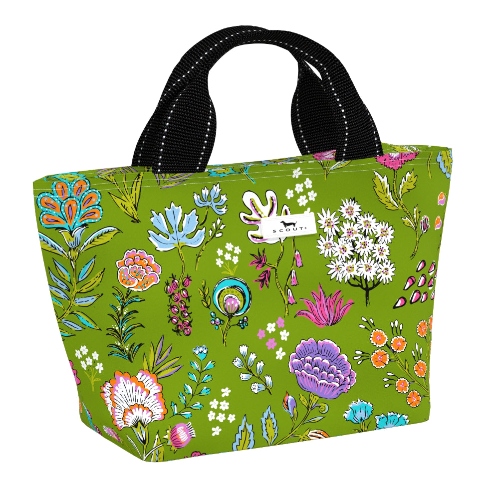 Floral-patterned lunch bag with a visible brand label on a white background