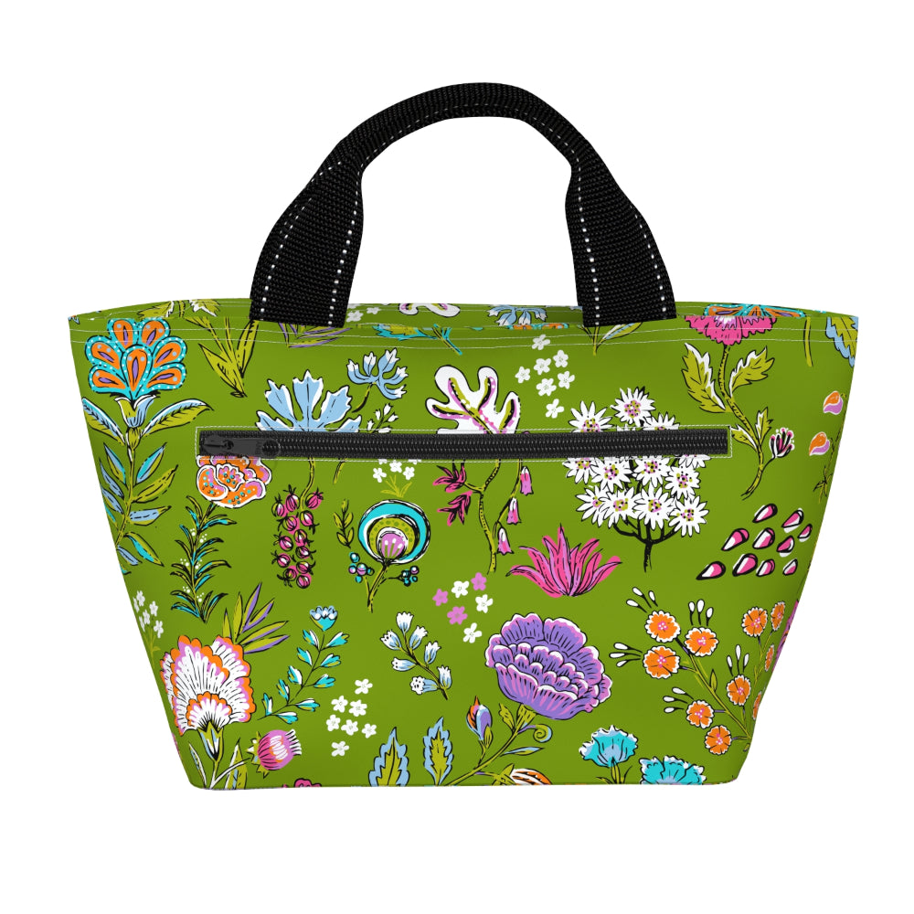Floral-patterned lunch bag with black handles on a white background