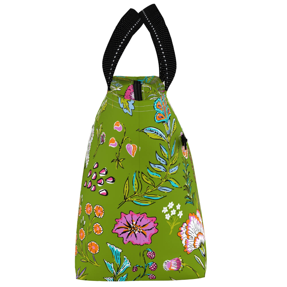 Floral lunch bag with black handles