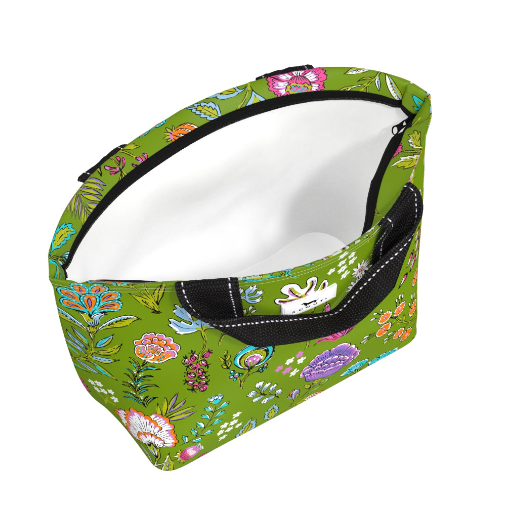 Green floral-patterned lunch bag with a white interior on a white background