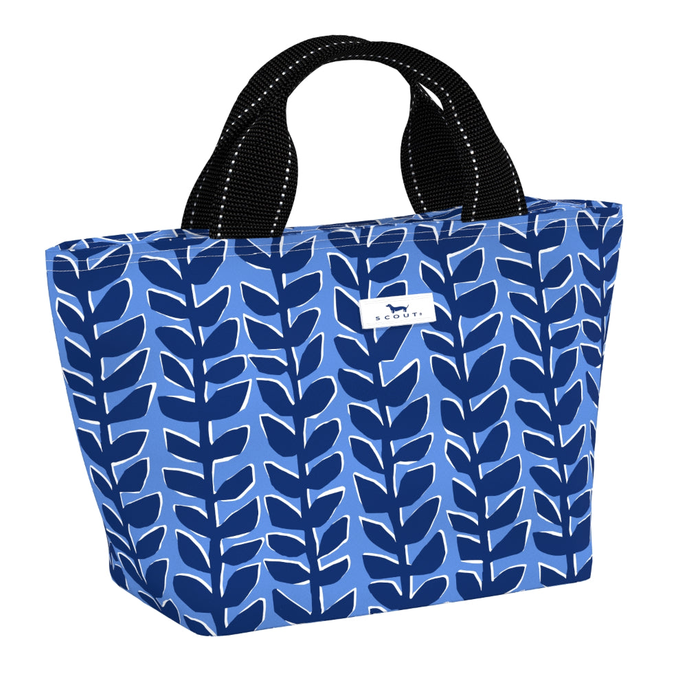 Blue patterned lunch bag with black handle on a white background