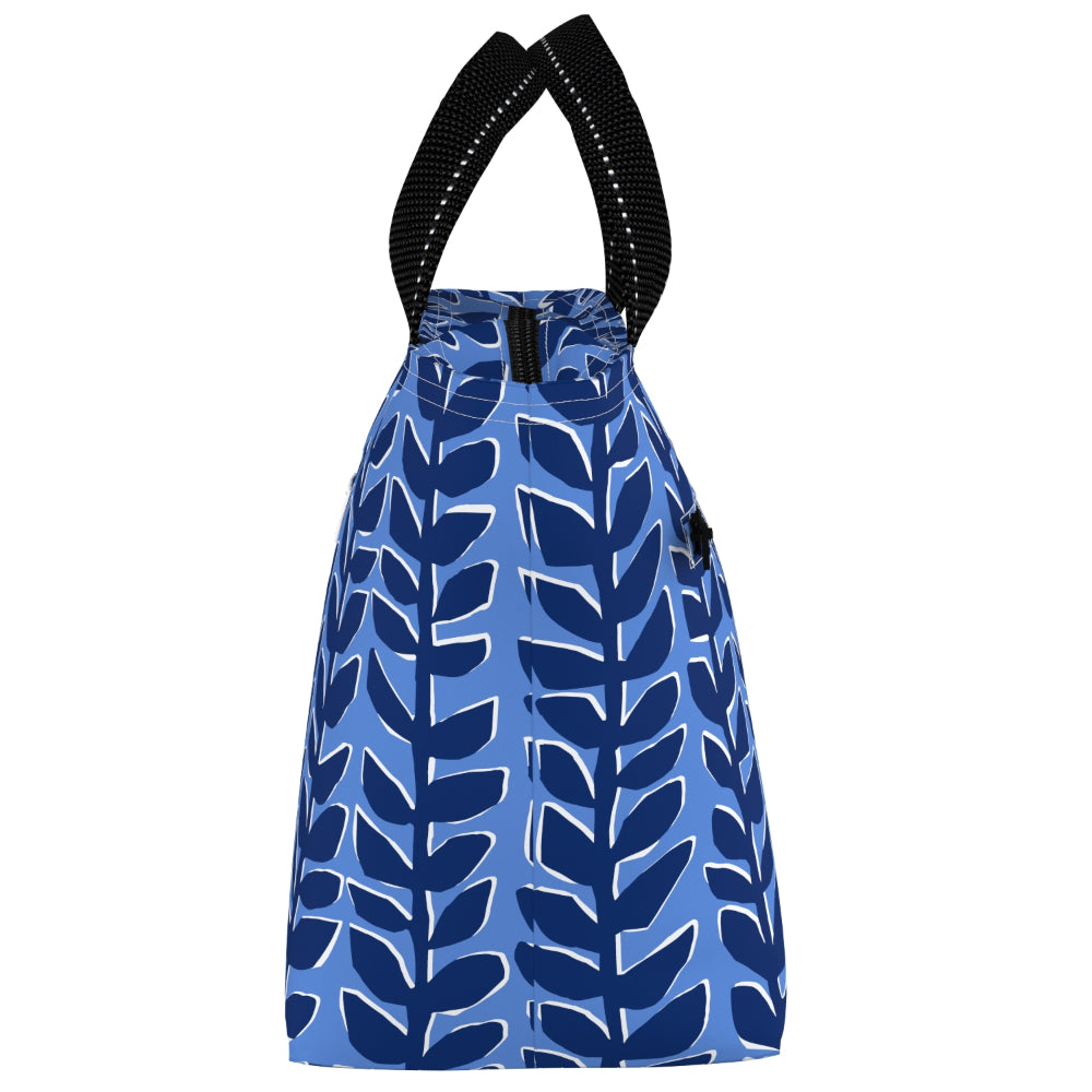 Blue lunch bag and black straps on a white background