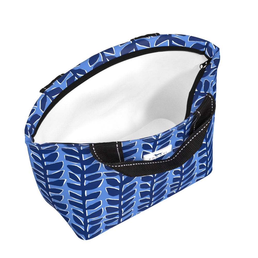 Blue patterned lunch bag with a black zipper on a white background