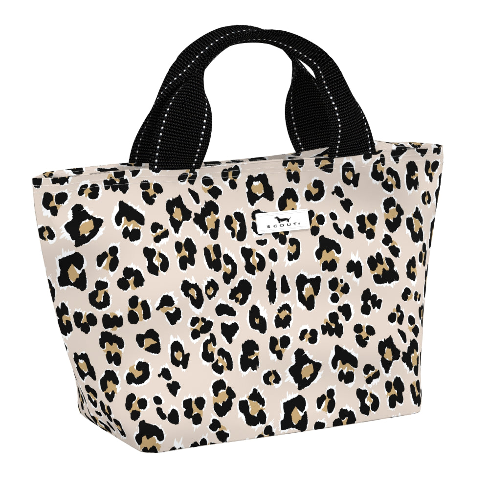 Leopard print lunch bag with black handles on a white background