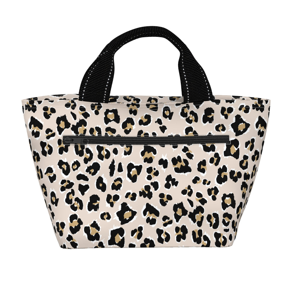 Leopard print lunch bag with black handles on a white background