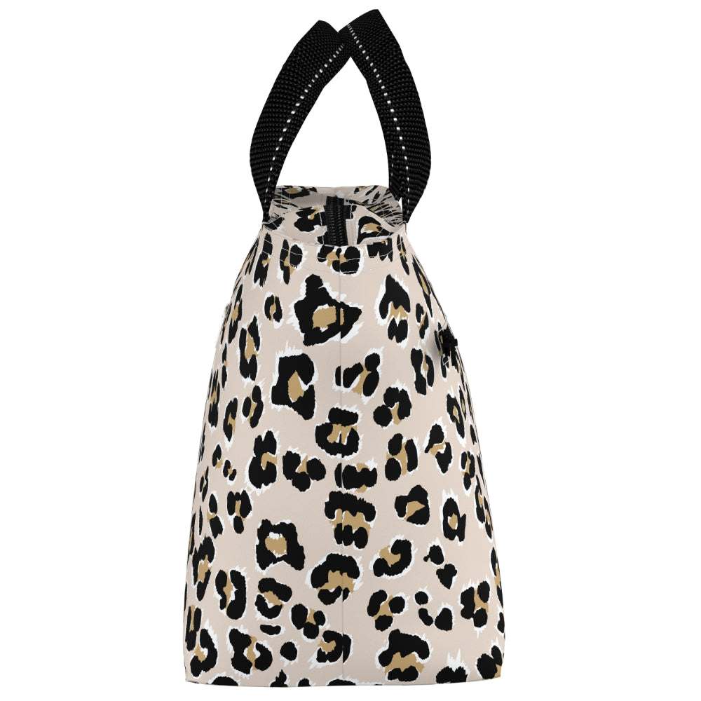 Leopard print bag with black straps on a white background
