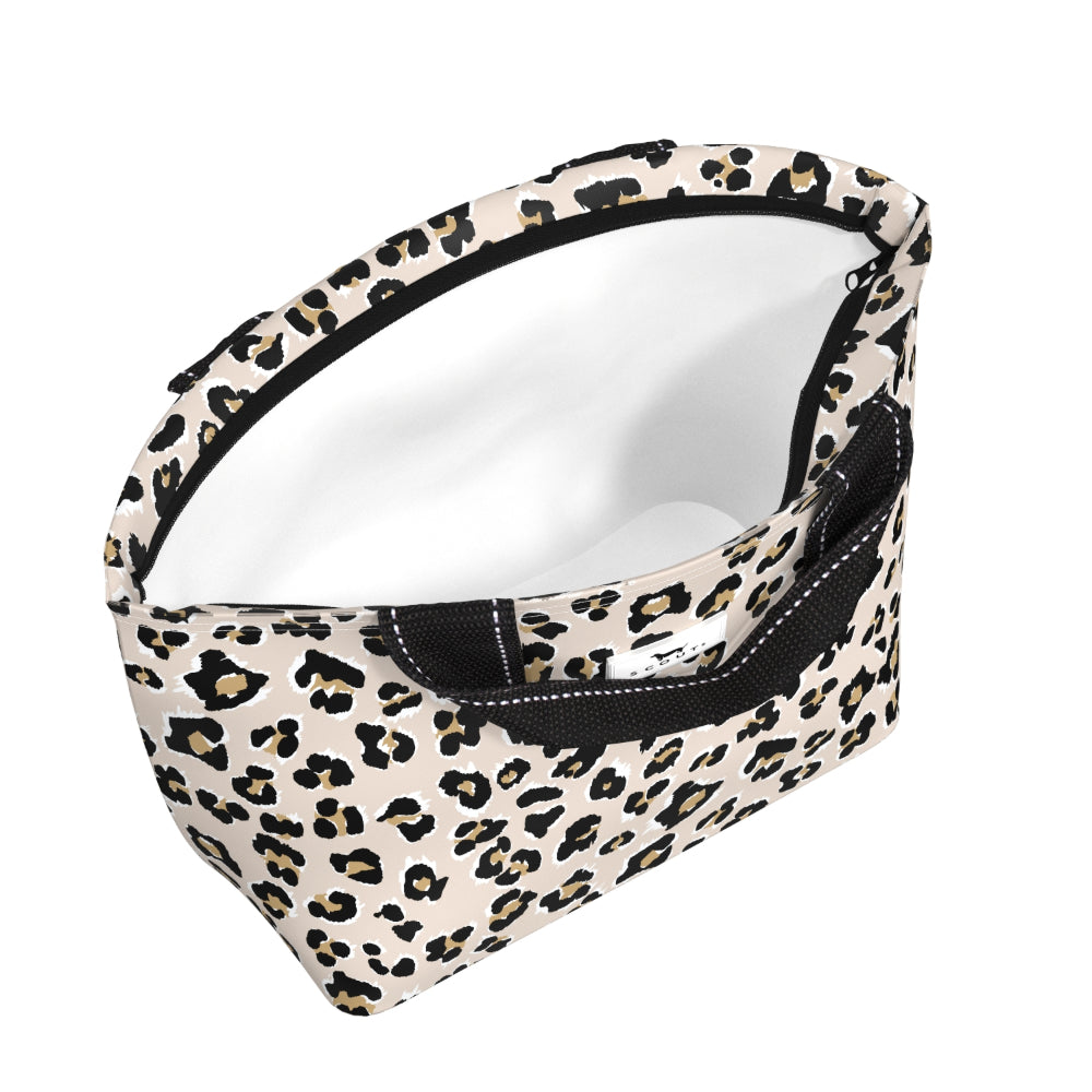Leopard print lunch bag with a white interior on a white background