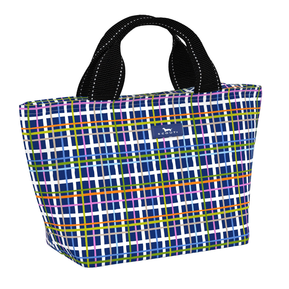 Plaid patterned bag with a visible brand logo on a white background