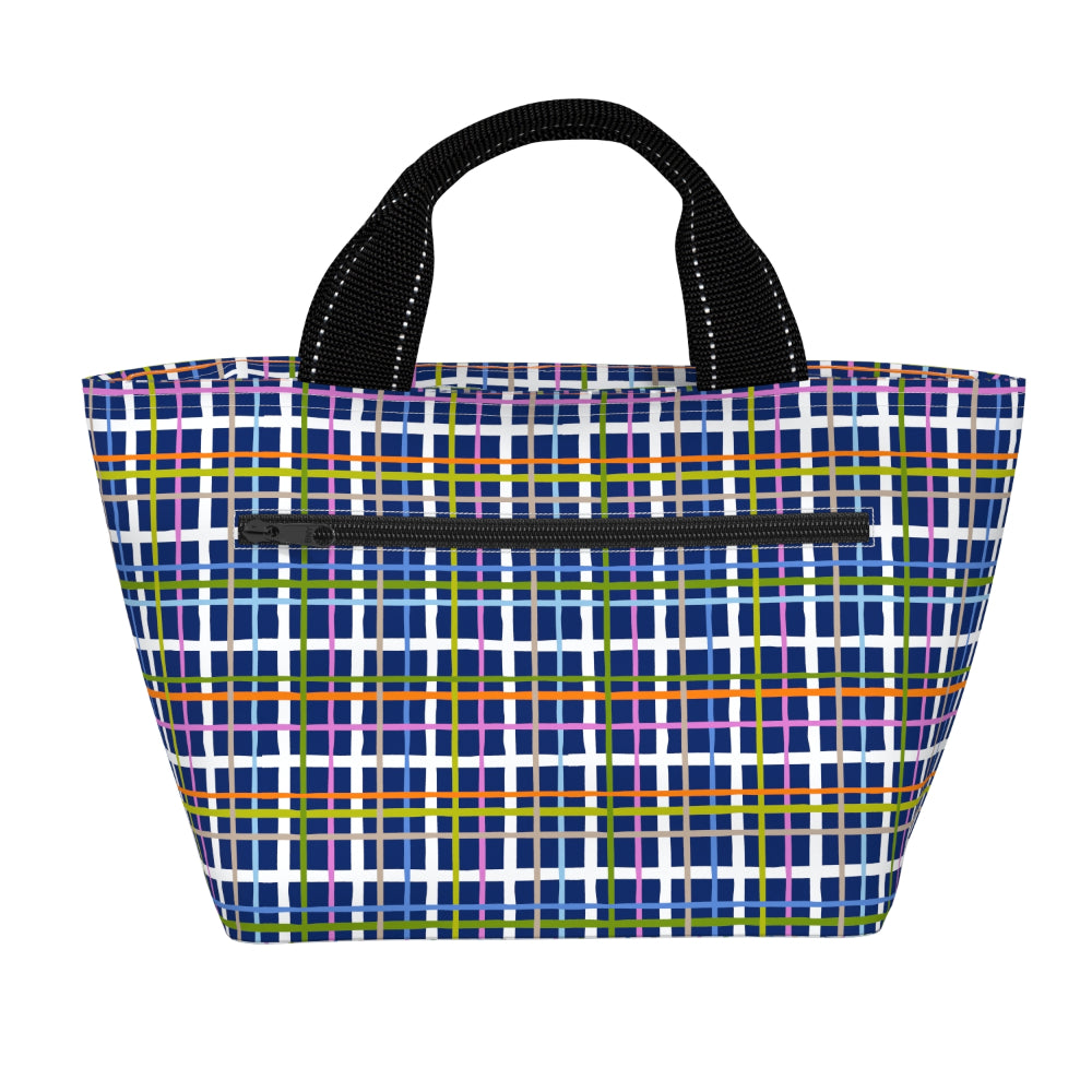 Plaid patterned bag with black handles on a white background