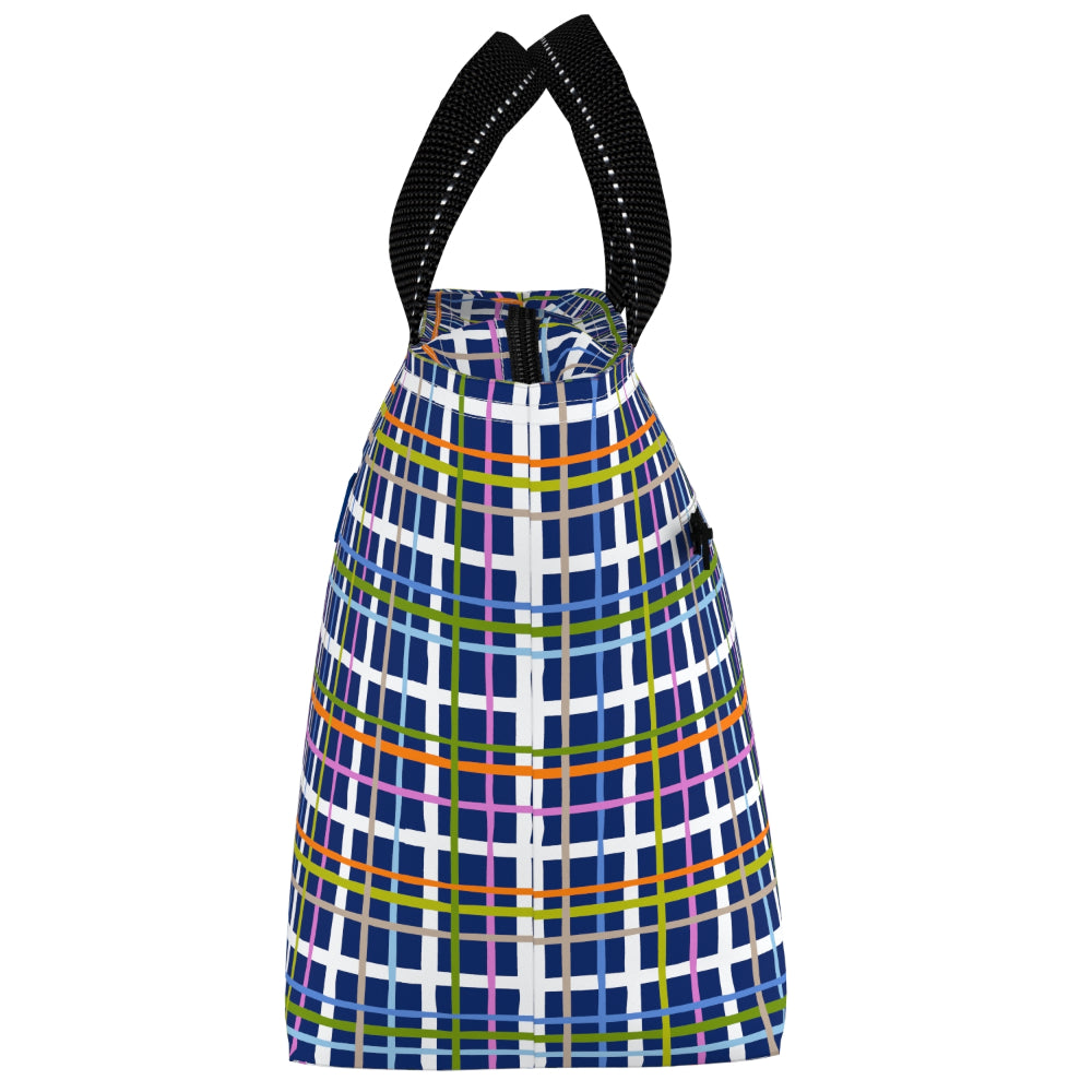 Plaid lunch bag with colorful lines on a white background