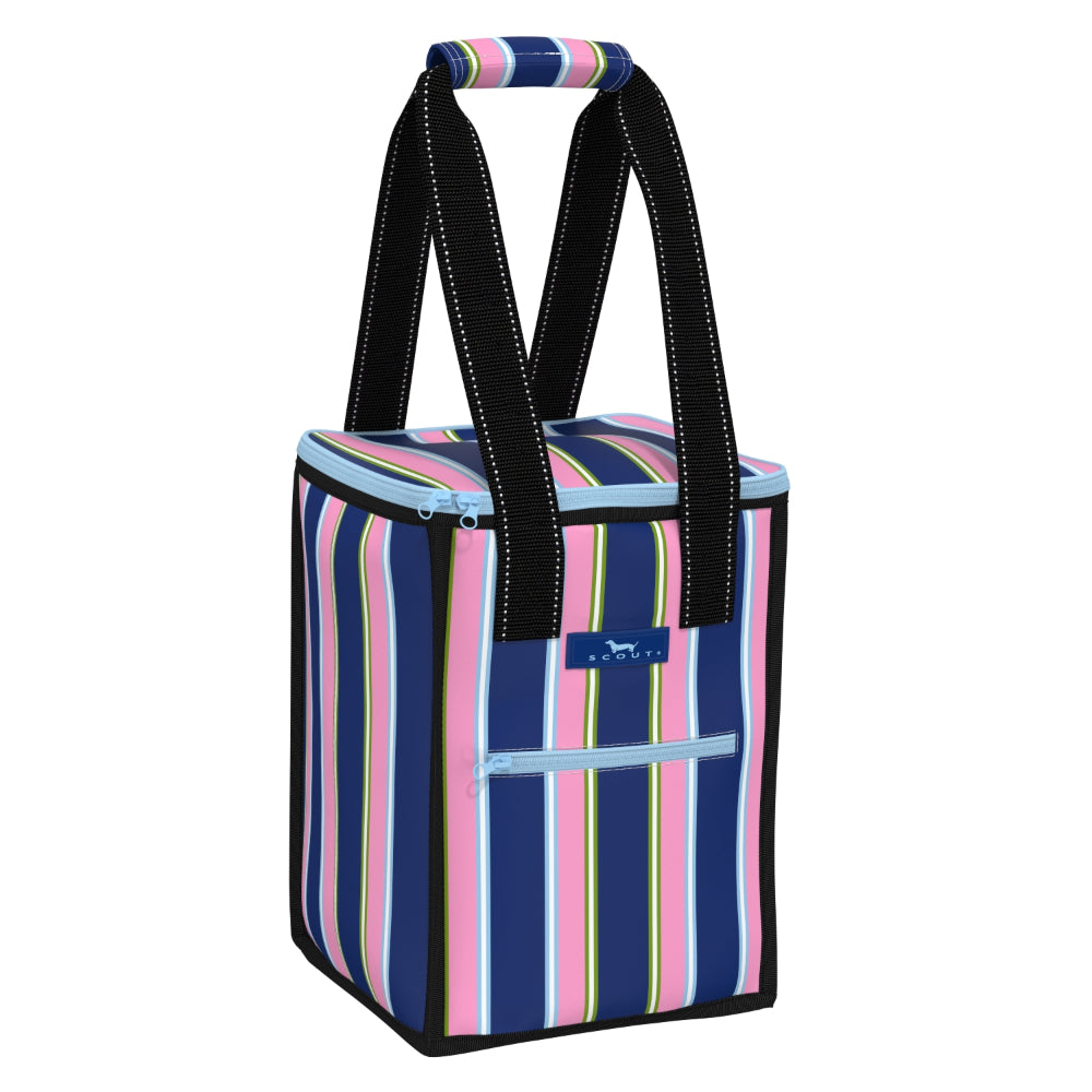 Striped cooler bag with black handles on a white background