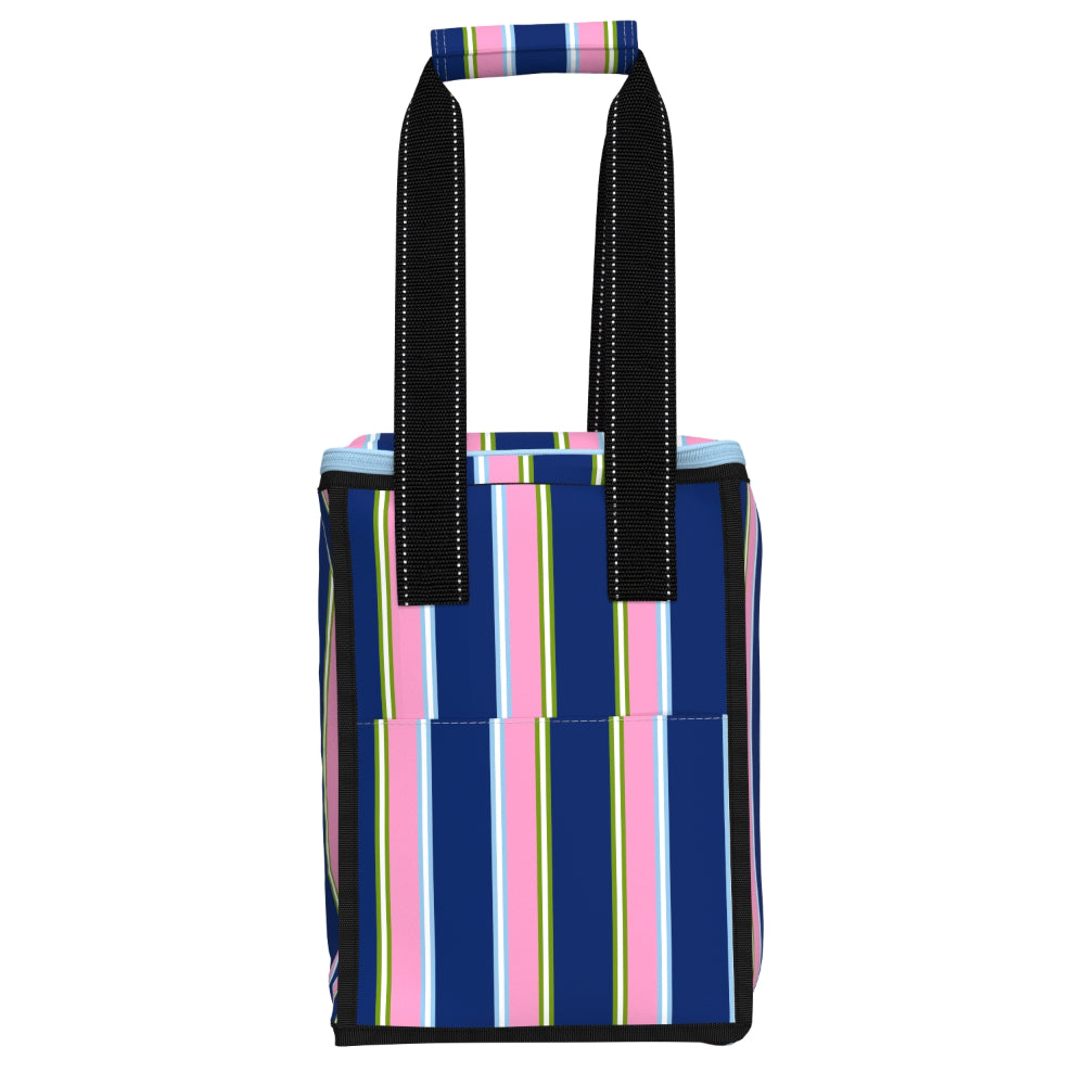 Striped cooler with black handles on a white background