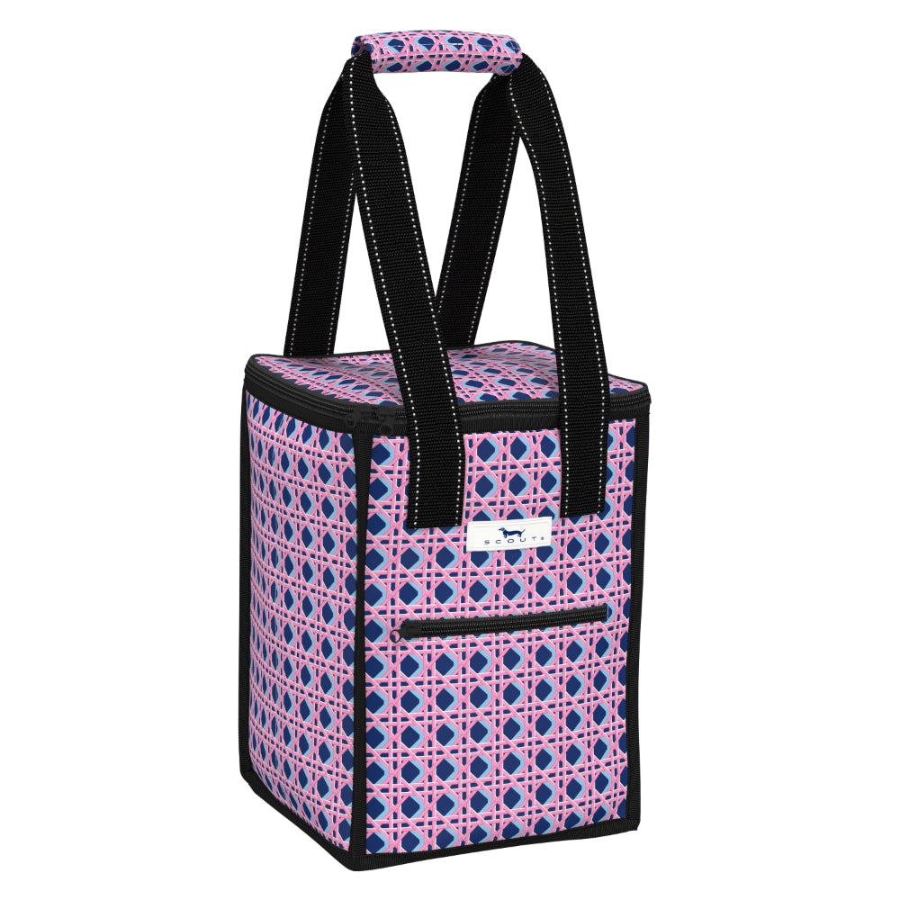 Insulated cooler bag with pink and blue pattern on a white background
