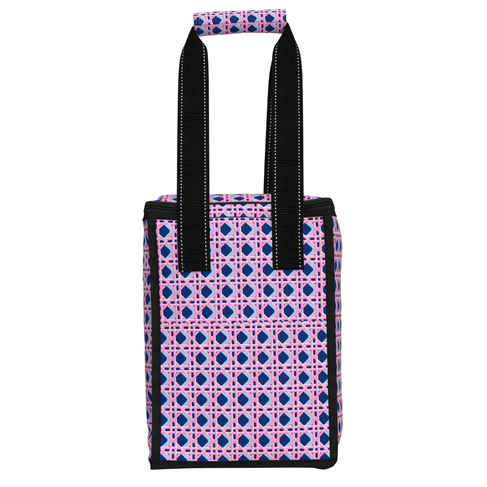 cooler bag with pink and blue geometric pattern on a white background