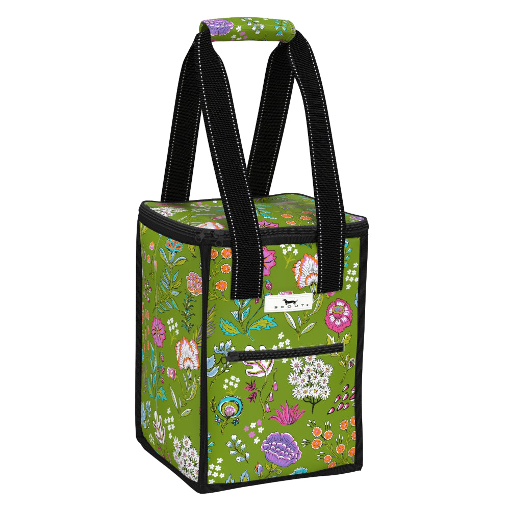 Floral-patterned cooler bag with black handles on a white background