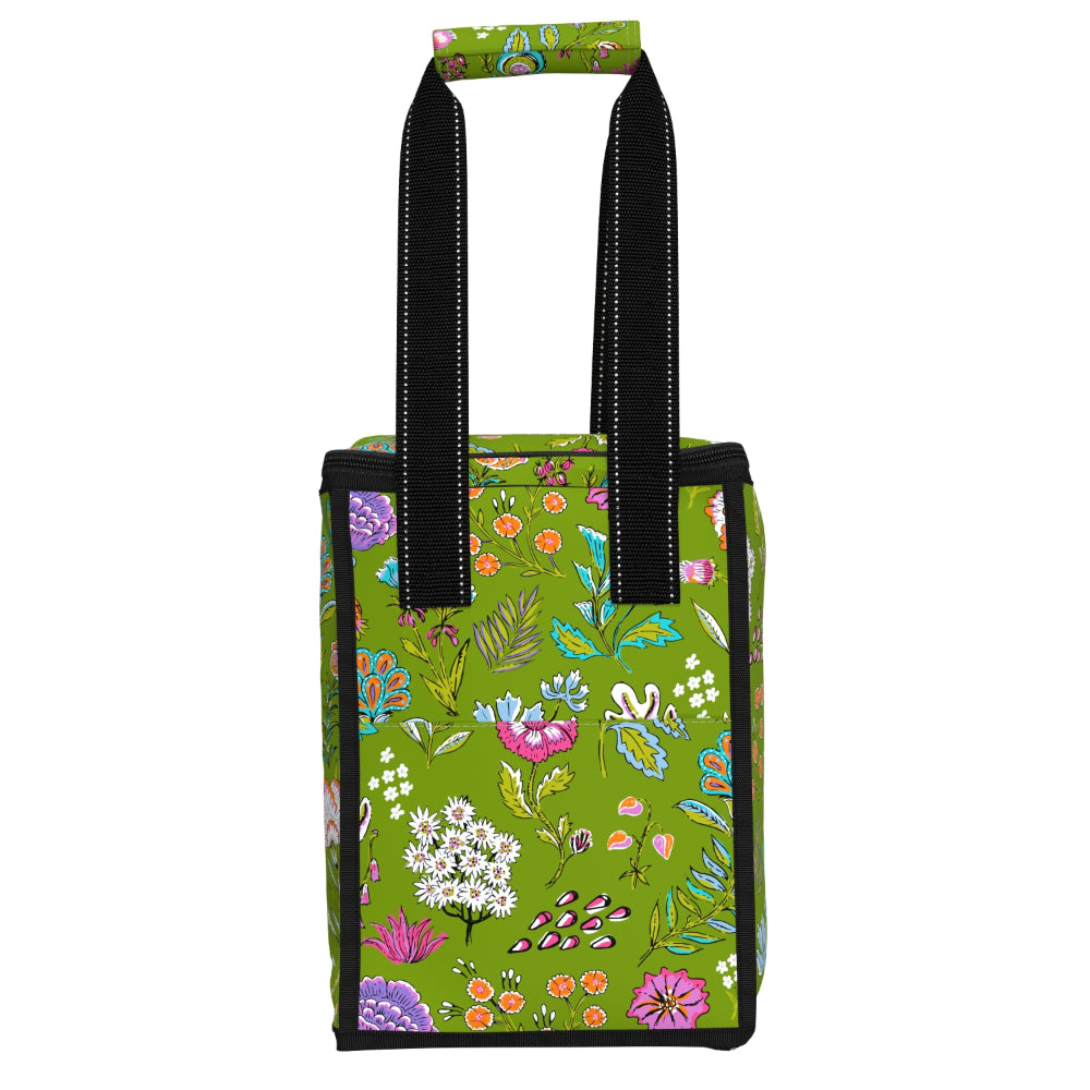 Green floral tote bag with black handles on a white background