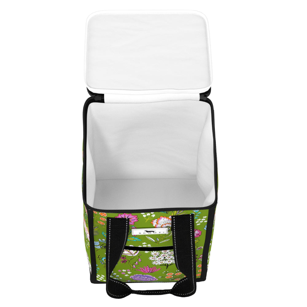 Floral-patterned cooler bag with a white lid on a white background