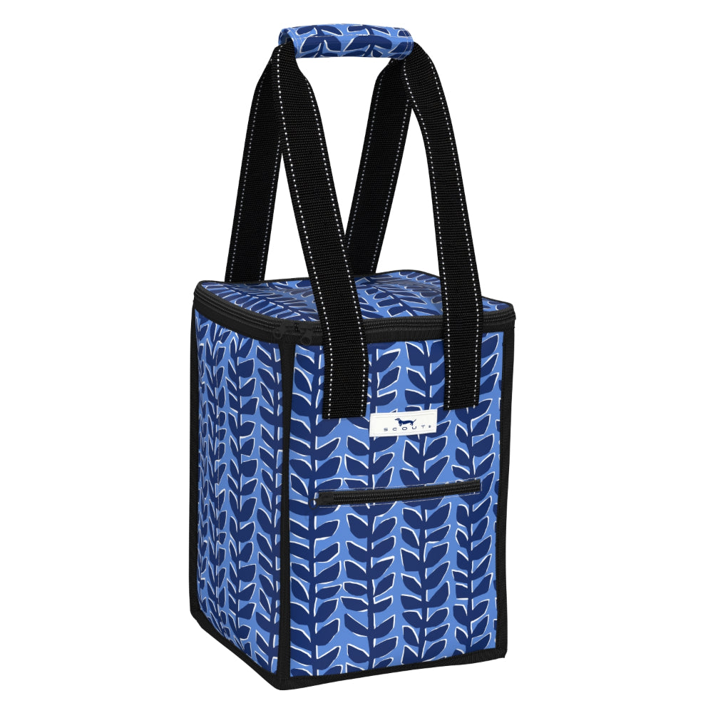 Blue patterned cooler bag with black handles on a white background
