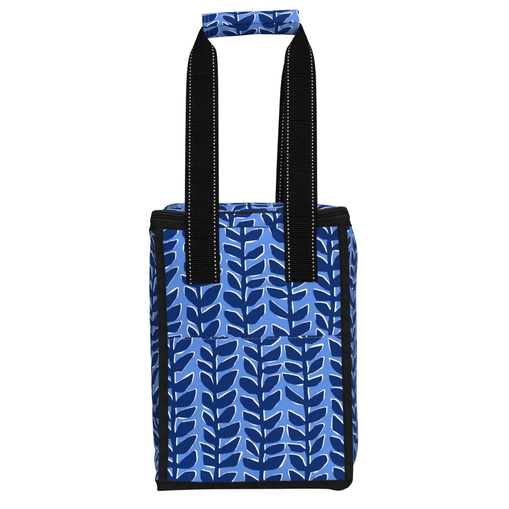 Blue patterned tote bag with black handles on a white background
