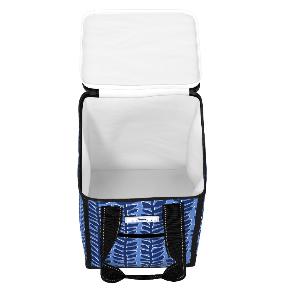 Blue cooler bag with white lid on a white background