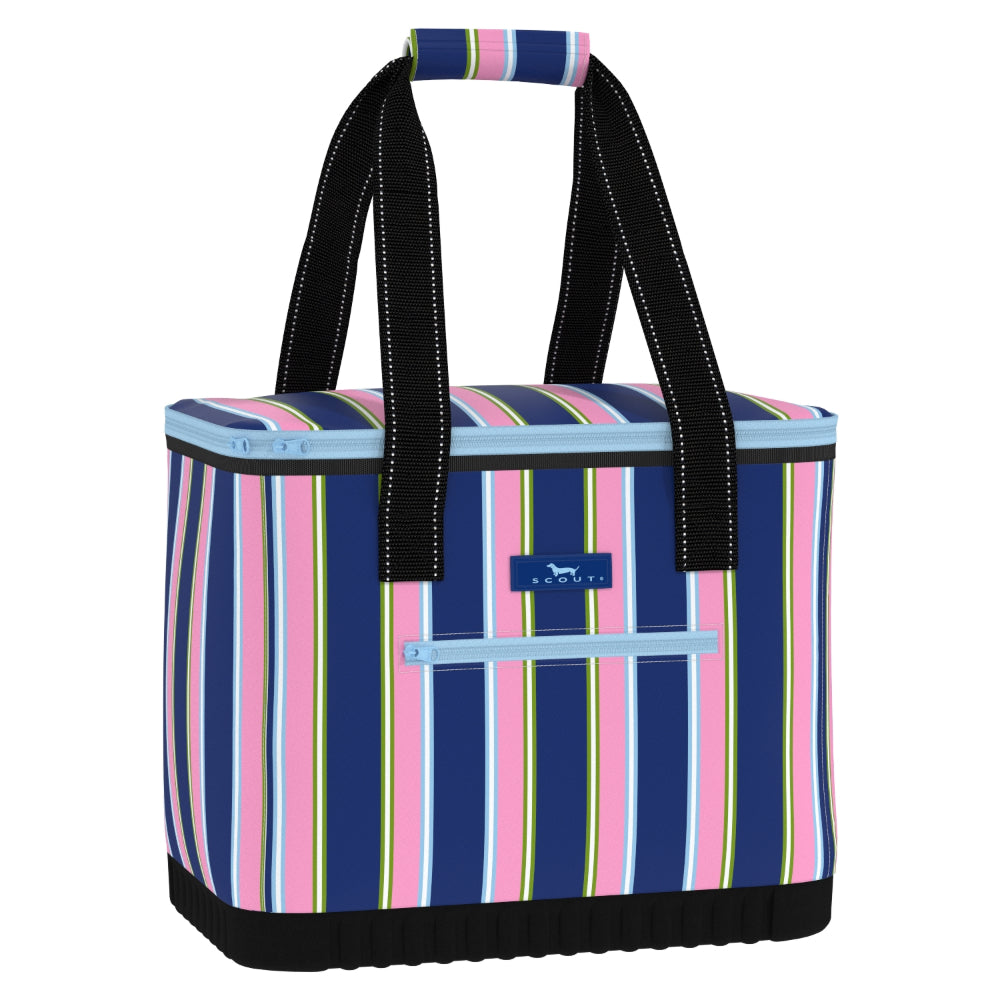 Striped cooler bag with black handles on a white background