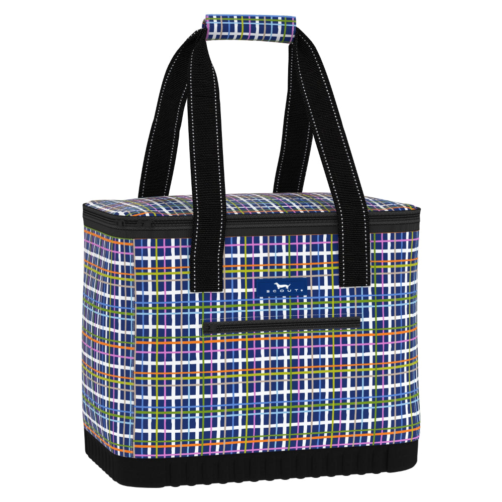 Plaid patterned cooler bag with black handles on a white background