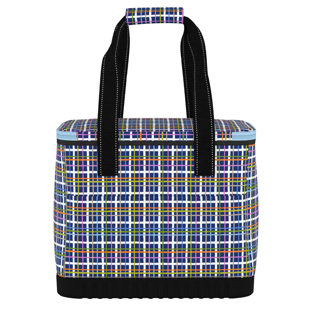 Cooler with plaid pattern and black handles on a white background