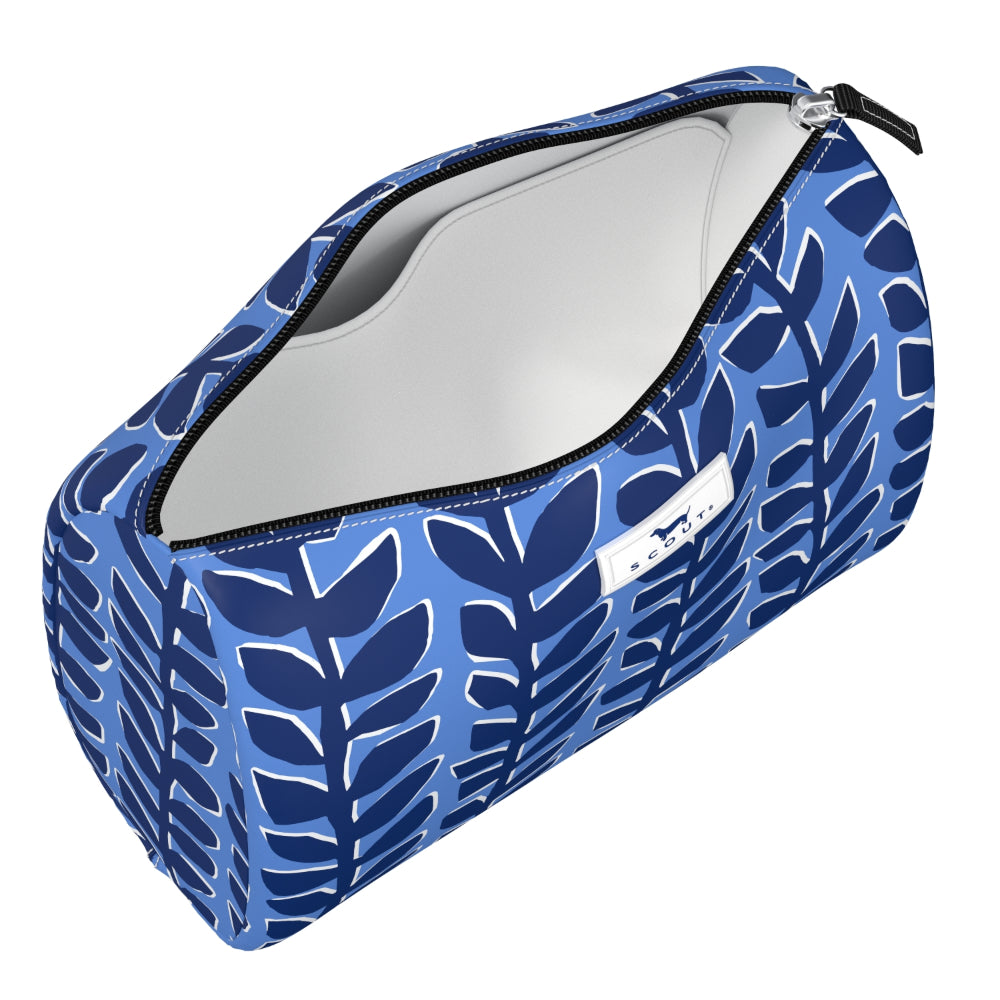 Blue leaf-patterned toiletry bag case on a white background