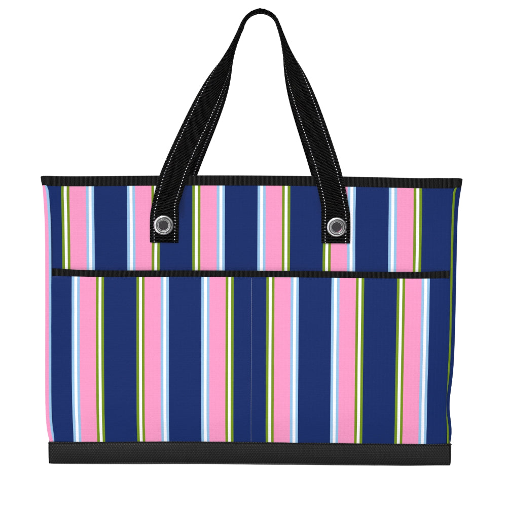 Striped tote bag with black handles on a white background