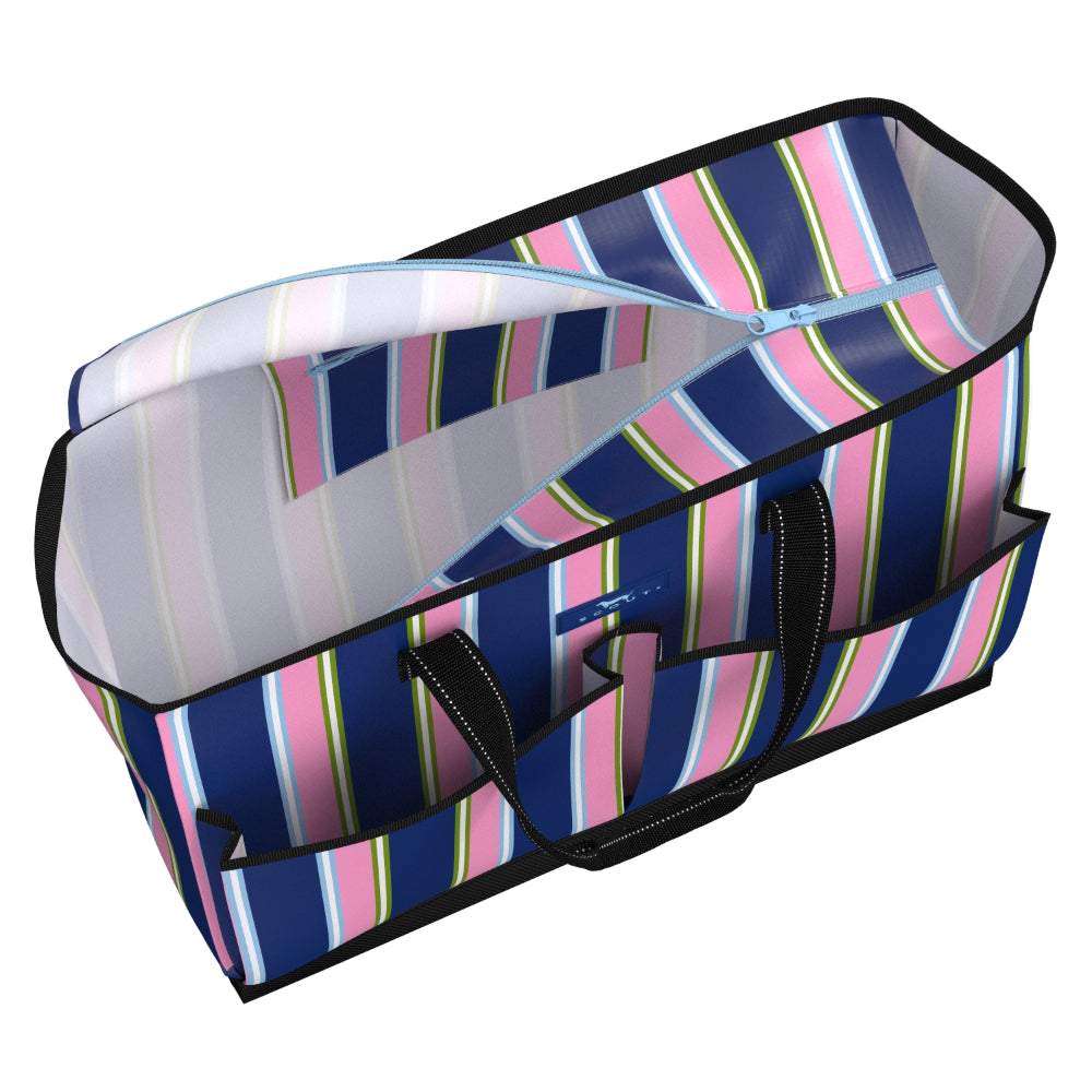 Striped bag with a black handle on a white background