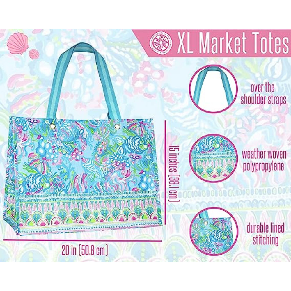 Lily Puliter shopper tote info on bags sheet. 