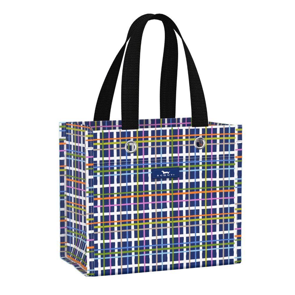 Plaid gift bag with black handles on a white background