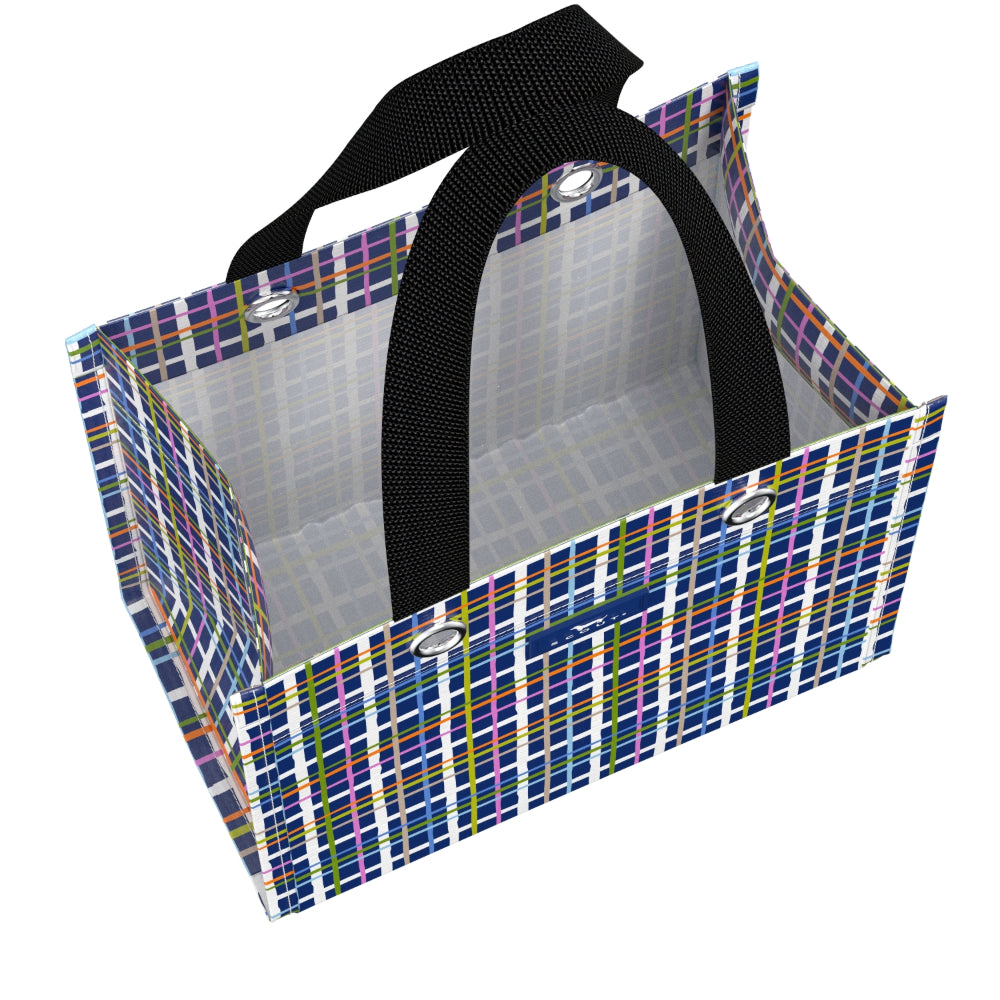 Plaid patterned gift bag with black handle on a white background