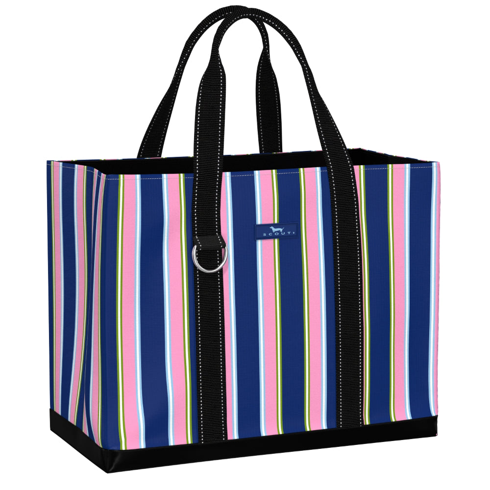 Striped tote bag with a visible brand logo on a white background