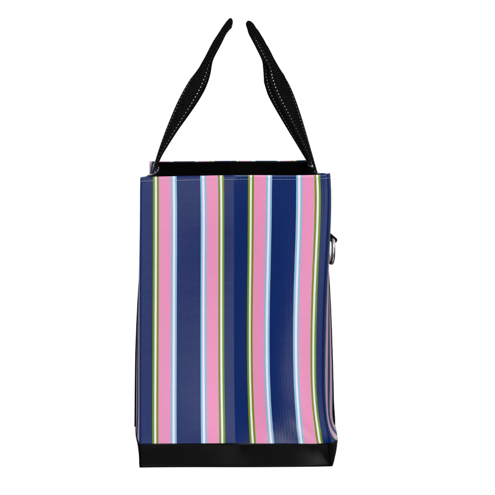 Tote bag with colorful vertical stripes on a white background