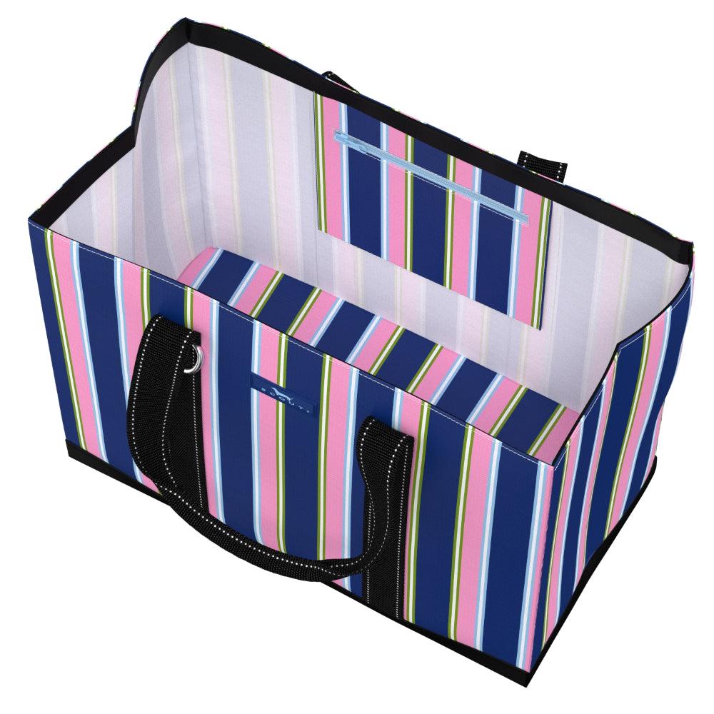 Striped tote bag with black handles on a white background