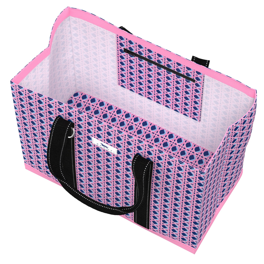tote bag with pink border and black handles on a white background